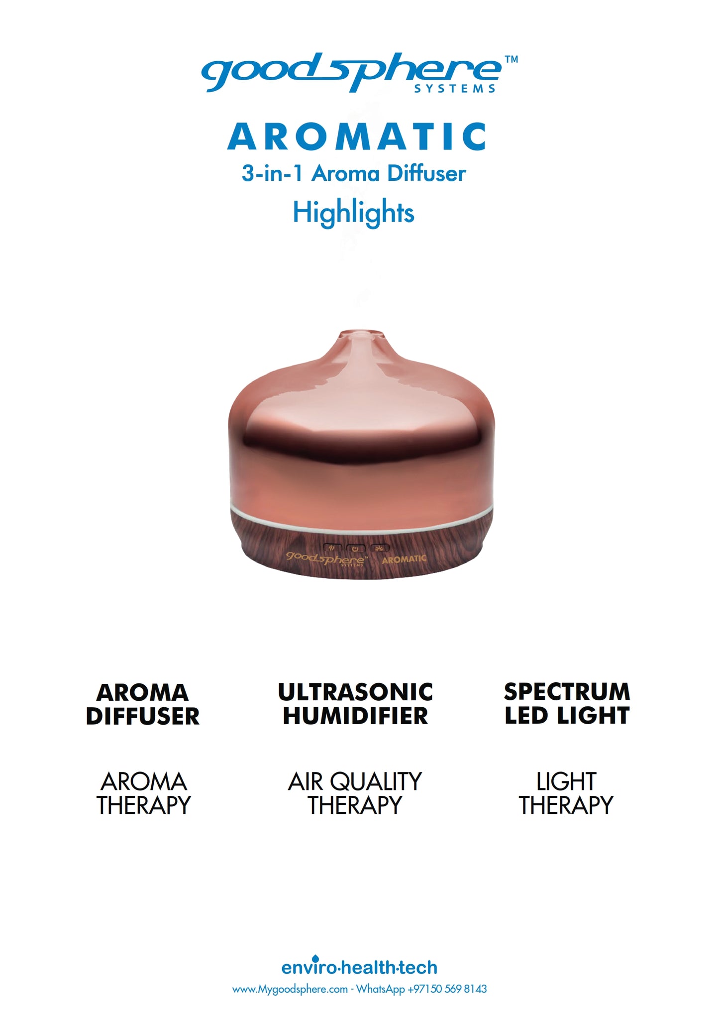 Goodsphere Aromatic - 3‑in‑1 - Aroma Diffuser + Ultrasonic Humidifier + Spectrum LED Light – Rose Gold