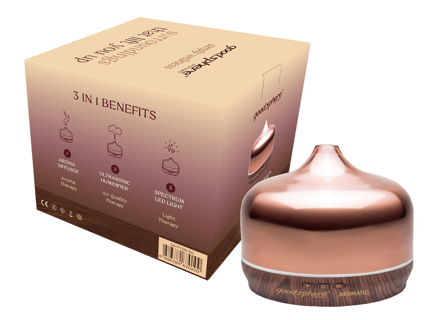 Goodsphere Aromatic - 3‑in‑1 - Aroma Diffuser + Ultrasonic Humidifier + Spectrum LED Light – Rose Gold